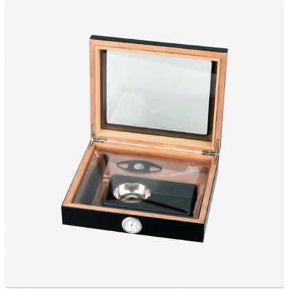 Set Humidor negru cu capac din sticla – pentru aprox. 15 trabucuri, Umidificator cu polimer, Cutter pentru trabucuri, Scrumiera 569181