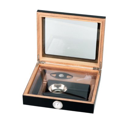 Black Humidor Set with Glass Lid – for approximately 15 cigars, including Polymer Humidifier, Cigar Cutter, and Ashtray 569181